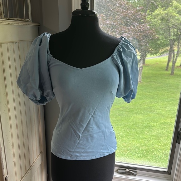 Boston Proper Sweetheart Neckline Ponte Top  Light Blue Puff Sleeve Blouse‎ - Picture 2 of 13